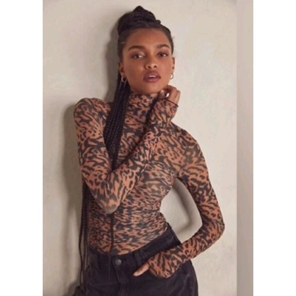 Intimately Free People Leopard Print Mesh Ruched Turtleneck Bodysuit Small Brown